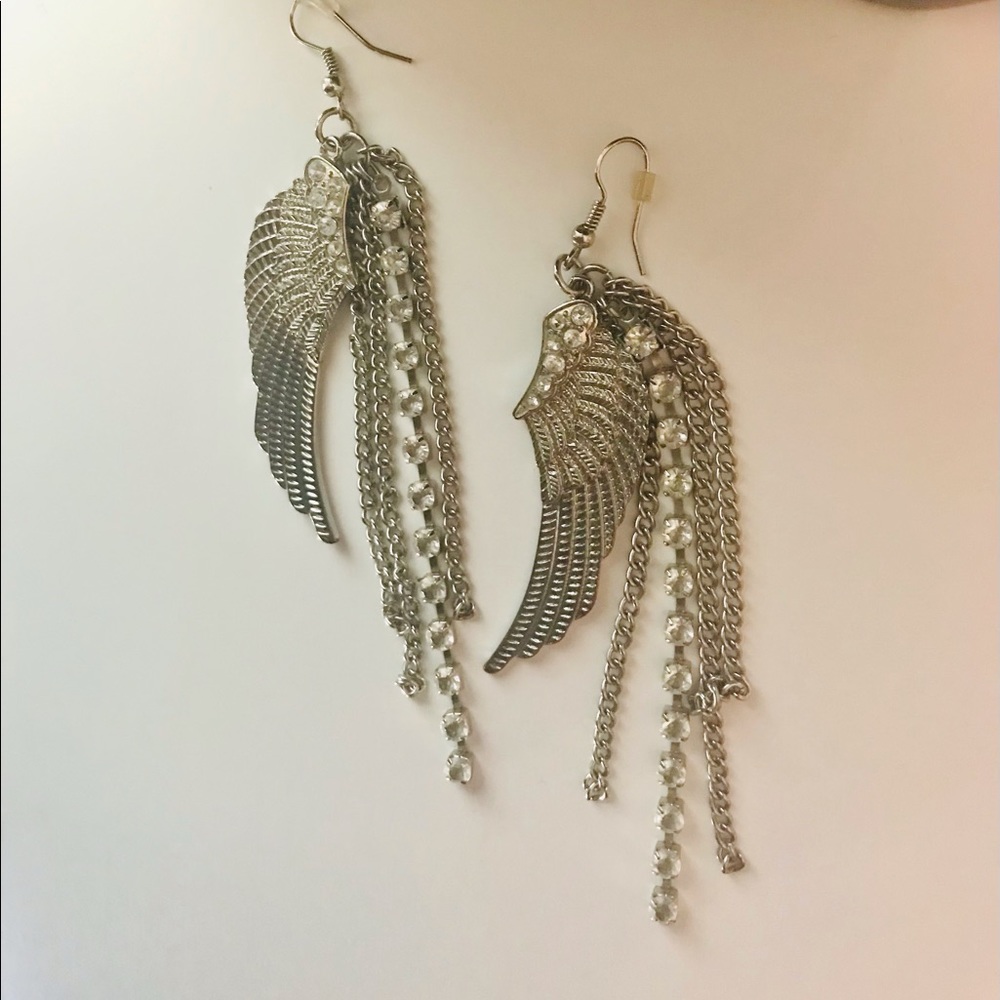 Guardian Angel Wing Drop Earrings Silvertone and Rhinestones-EUC